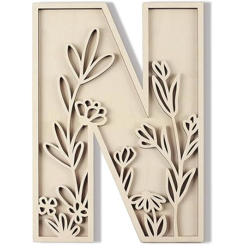 Layered 12 Inch Large Wooden Letters for Wall Decor, Flowered Paintable Wooden Nursery Letters for Crafts Wood Alphabet Letter N for Birthday Boho Nursery Name Sign Wedding Home Decoration