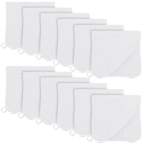 12 Pack Muslin Burp Cloths - Large 20" x 10", Ultra Absorbent 100% Cotton for Baby Drool and Messes - Soft, Gentle Baby Burp Rag for Boys & Girls -White