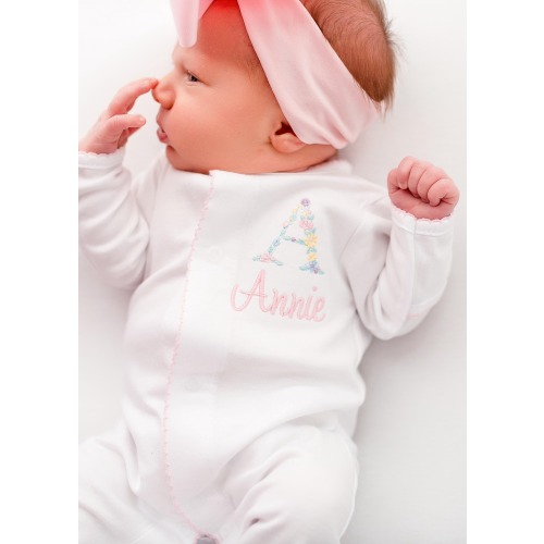 Baby girl coming home outfit, Monogrammed footie, Personalized Baby gift, Monogrammed sleeper, pima cotton, newborn pictures, shower gift