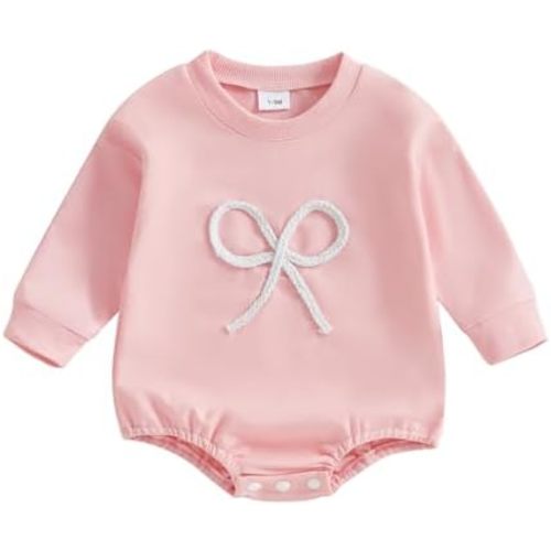 Newborn Infant Baby Girl Fall Clothes Bow Emboridery Sweatshirt Bubble Romper Oversized Long Sleeve One-Piece Outfit