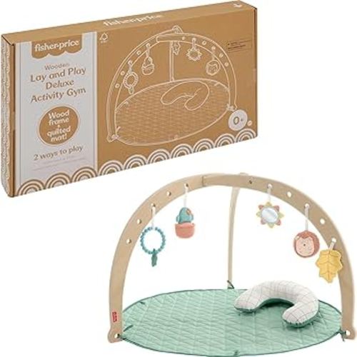 Fisher-Price Wood Baby Playmat Lay & Play Deluxe Activity Gym with Wooden Frame & Tummy Time Sensory Toys for Newborns 0+ Months (Amazon Exclusive)