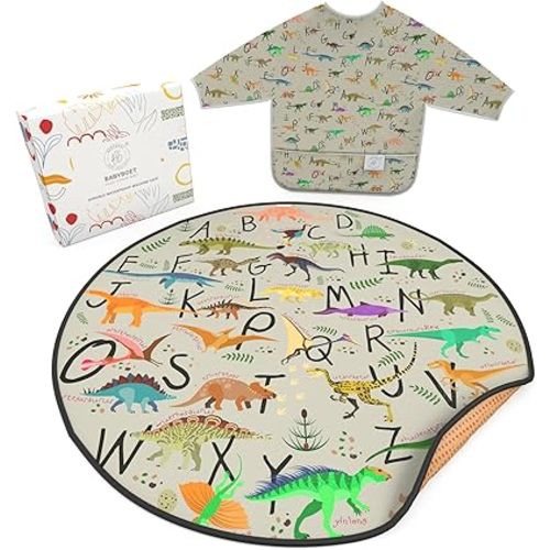 BABYBOET Splat Mat for Baby – Under High Chair Floor Mat Protects Wood, Vinyl and Carpet from Spills – Waterproof 4 Layer Baby Mat Bundle with Waterproof Matching Smock (51” x 51”)