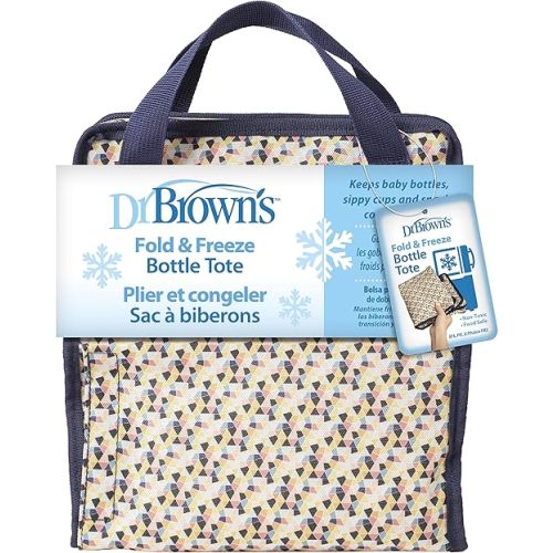 Dr. Brown's Fold & Freeze Bottle Tote, Travel Baby Bottle Insulated Cooler Bag, Store Up to 6 Baby Bottles, Geometric Multicolor, BPA Free