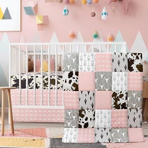 3 Piece Patchwork Western Crib Bedding Set for Boys Girls Cow Cactus Print Baby Bedding Barnyard Western Nursery Decor Soft Baby Bed Set Includes Quilt Fitted Crib Sheet Bed Skirt (Cowgirls)