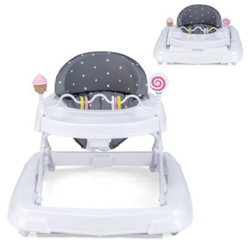 Infans Baby Walker, Foldable Toddler Walker with Toys, Learning-Seated or Walk-Behind, Adjustable Height, Infant Activity Walker with Wheels, Gray