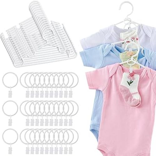 Hsei 30 Packs Baby Hangers with Ring Clips, Toddler Hangers, Kids Plastic Clothes Hanger for Infant Children Pants Closet Coat Skirts Socks, White