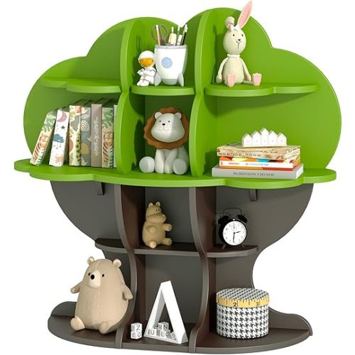 Tree Kids Bookshelf Toddler Bookcase 4-Tier Baby Book Rack Children Toy Storage Organizer Wood Display Shelf for Nursery Playroom Bedroom Classroom School Homeschooling Boy Girl’s Gift (green tree)