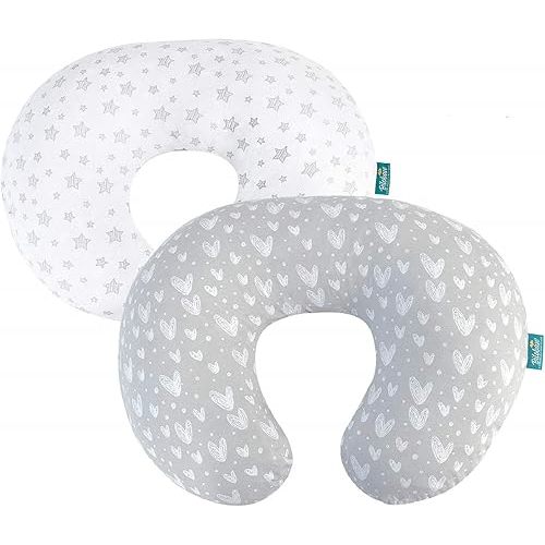 Nursing Pillow Cover 2 Pack Compatible with Boppy Pillow, 100% Jersey Cotton with Large Zipper Super Soft & Breathable & Skin Friendly for Moms/Kids, Grey & White