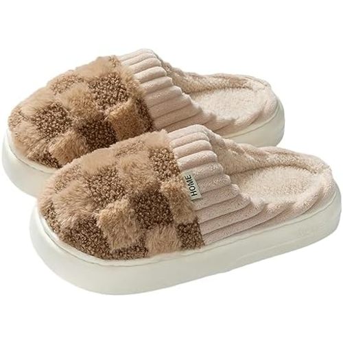 Plush Slippers for Women Men Plaid Cuff Warm Fuzzy Fleece Slipper Cozy Memory Foam Checkered Home Shoes Non-Slip