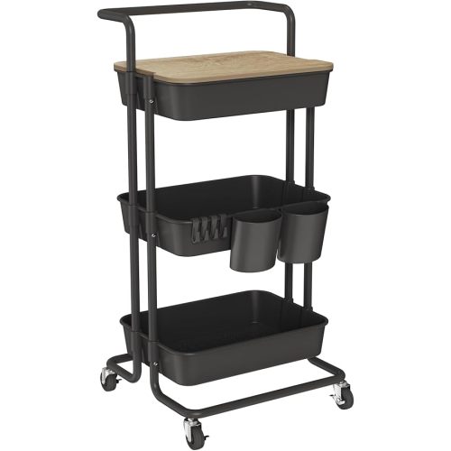 DTK 3 Tier Rolling Cart Uility Cart with Cover Board, Mobile Storage Cart with Wheels, Cups, Hooks for Office Utility Kitchen Bathroom Homeschool Art Craft Postpartum Teacher Cart Organizer(Black)