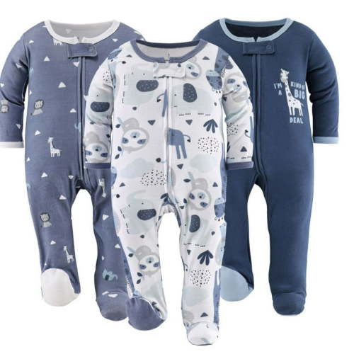 The Peanutshell Baby Sleep n Play Footed Pajamas for Baby Boys, Blue Safari, 3 Pack, 3-6 Months