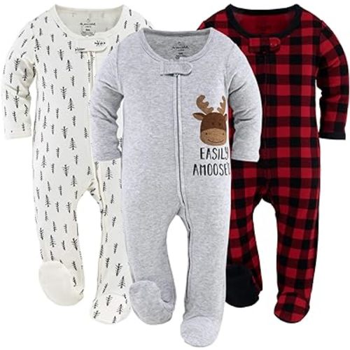 The Peanutshell Footed Baby Sleepers for Boys or Girls, Buffalo Plaid & Woodland, Newborn to 12 Month Sizes - 3 Months - Red