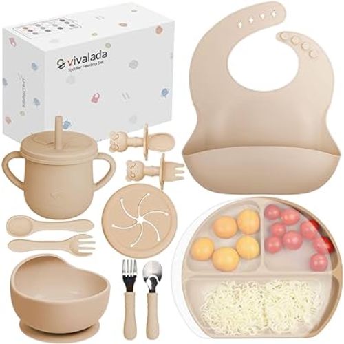 Silicone Baby Feeding Set - Baby Led Weaning Supplies, Baby Suction Plate with Lid and Bowl, Toddler Self Feeding Spoons Forks Sippy Cup Adjustable Bib, Baby Utensils for 6-12 Months (Beige)