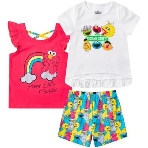 Sesame Street Elmo or Cookie Monster Girls’ T-shirt, Tank Top and Short Set for Infant and Toddler