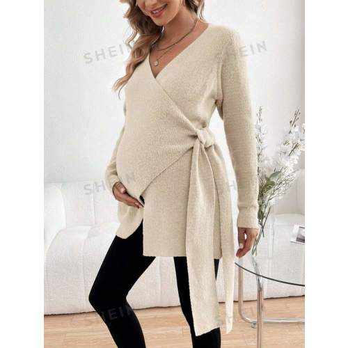 SHEIN Maternity Wrap Design Side Tie Knit Sweater | SHEIN USA