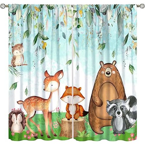 YCness Kid Forest Animal Curtains, Woodland Animal Fox Elk Bear Watercolor Print Curtains for Nursery Bedroom Living Room, Rustic Safari Wild Animal Blackout Window Drapes 2 Panel Set,42x45 Inch