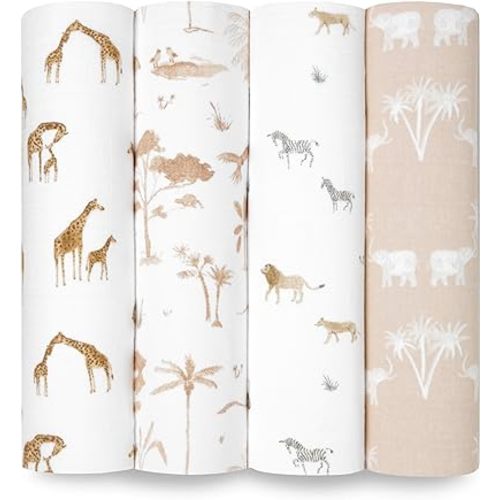 aden + anais Swaddle Blanket, 100% Organic Cotton Blankets for Girls & Boys, Baby Receiving Swaddles, Ideal Newborn & Infant Swaddling Set, 4 Pack, Safari Dreams
