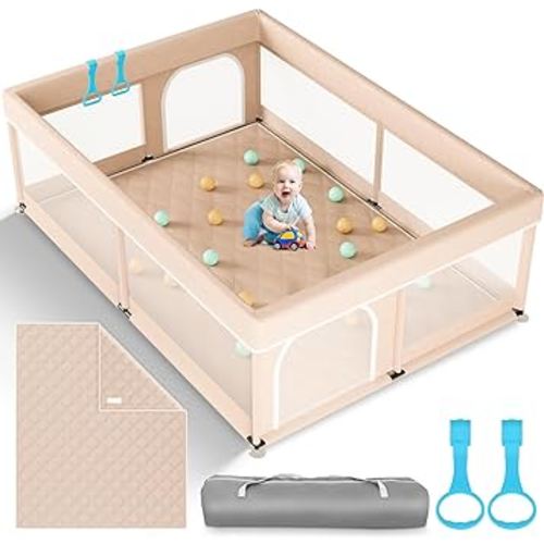 Baby Playpen with Mat 71"×59" - Extra Large Playpen for Babies and Toddlers with Mat Included, Safety Playard for Baby with Gate, All-Wrapped Soft Sponge Baby Gate Playpen with Stable Mat Velcro