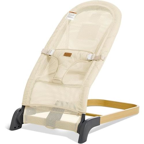 Foldable Baby Bouncer, Baby Bouncer Seat with 3 Adjustable Heights, Portable Newborn Rocker, Ergonomic Bouncer Seat for Natural Bounce, Bouncer for Babies 0-6 Months, Breathable Mesh (Beige)