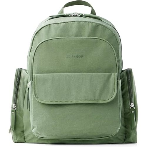 Skip Hop Diaper Bag Backpack with Portable Changing Pad, 9 Total Pockets, Easy-Access Wipes Pocket, Zippered Side Pocket, Luggage Sleeve & Stroller Straps, Fits a 15” Laptop, Luna, Sage