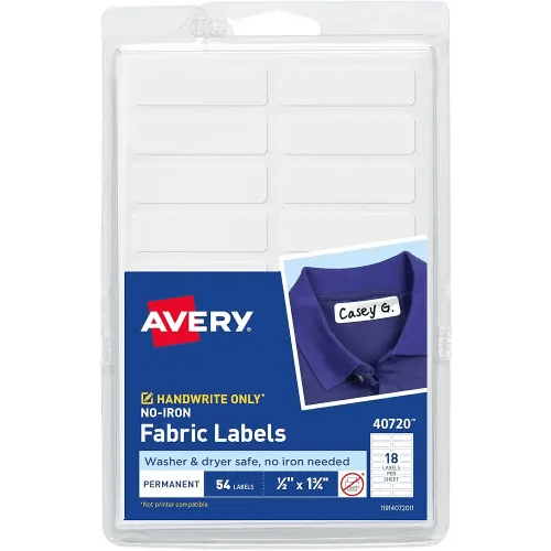 Avery No-Iron Fabric Labels, Washer & Dryer Safe, Handwrite, 1/2" x 1-3/4" Pack of 54 (40720)