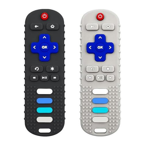 ROBBEAR Baby Teething Toys, Food Grade Silicone Teether for Babies 3 6 12 18 Months, TV Remote Shape Toddlers Chew Toys, Freezer BPA Free (Black RC)