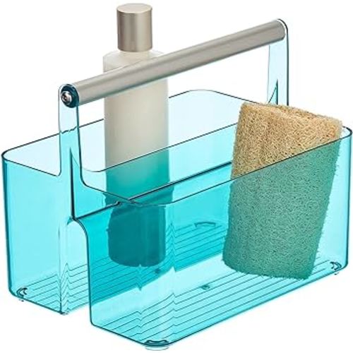 mDesign Plastic Shower Caddy Storage Organizer Utility Tote, Divided Basket Bin - Metal Handle for Bathroom, Dorm, Kitchen, Holds Soap, Shampoo, Conditioner - Aura Collection - Dark Aqua Blue/Satin
