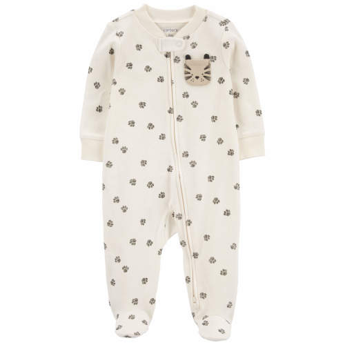 Baby Paw Print 2-Way Zip Cotton Sleep & Play - NB - Style,Ivory