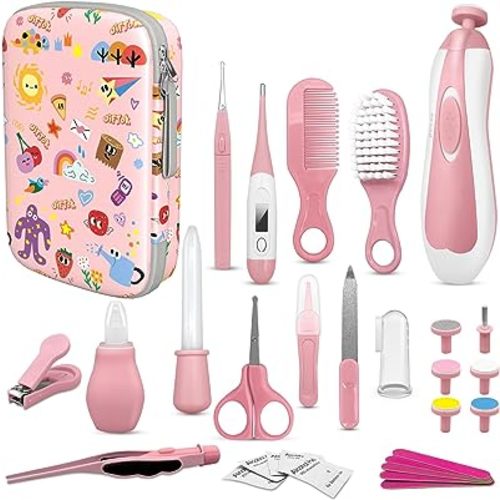 JIFTOK Baby Healthcare and Grooming Kit, 30 in 1 Baby Electric Nail Trimmer Set, Newborn Nursery Care Kit, Baby Essentials Set with Hair Brush Comb, Nail Clippers for Infant Toddlers Boys Girls (Pink)