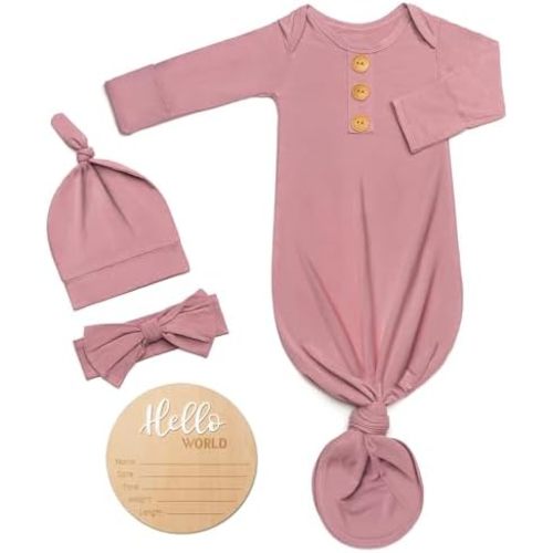 Soft Baby Knot Gown 0-3 Months, Newborn Announcement Sleepers With Mitten Cuffs and Personalized Wooden Name Tag