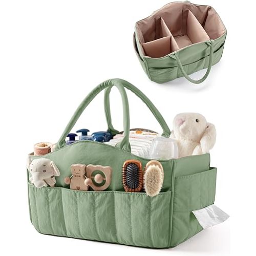 Quilted Baby Diaper Caddy with Detachable Dividers and Wipes Pocket, Lightweight Baby Caddy Organizer with Handles and 8 Pockets for Baby Stuff, Green