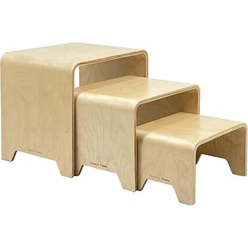 Damoch Family® Montessori 3-in-1 Kids Stool Set – Bentwood Toddler Table & Chairs, Stackable Nesting Stools for Playroom, Kitchen, Bathroom, Kindergarten (S/M/L) - Eco-Friendly & Space-Saving
