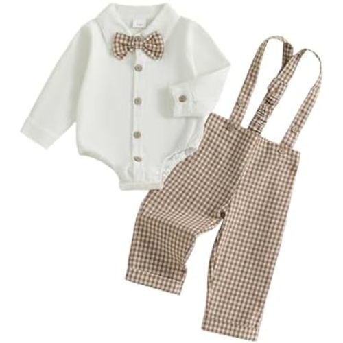 Baby Boy Clothes Set Infant Bow Tie Button Down Shirt Bodysuit Top Suspender Pants 2Pcs Fall Winter Outfit