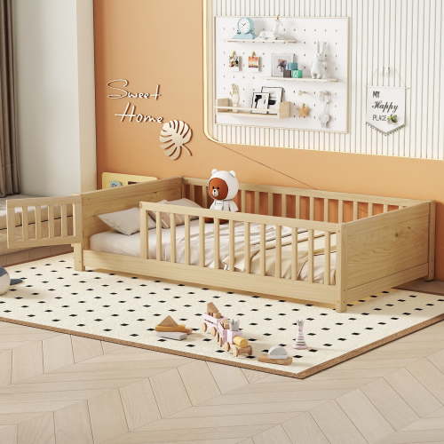 Alvantor Montessori Floor Bed Twin Size with Door and Fence for Kids, Toddler Wooden Platform Bed Natural
