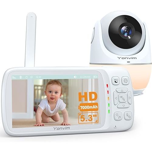 5.3“ 1080P Baby Monitor No WiFi, Video Baby Monitor with Camera and Audio, 2K Camera,1500ft Long Range Video Recording and Playback, 7000mAh Battery, Night Light, MP3, Story Book, 2-Way Talk