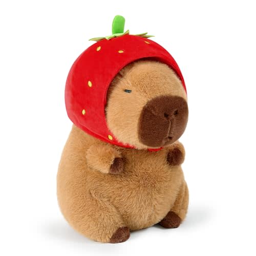 Ditucu Cute Capybara Plush Wear Strawberry Hat Soft Capibara Stuffed Animal Plushies Toys Hugging Gifts for Kids Brown 9 inch