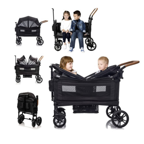 Wagon Stroller for 2 Kids & Cargo-Travel Push-Pull Double Baby Wagon Lightweight Folding Stroller for Toddler with 5-Point Harness,Adjustable Handle Bar and Canopy,Tray Table,Cup Holder