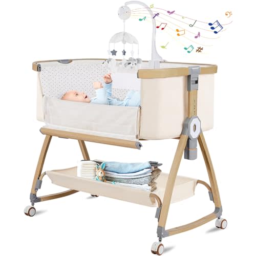 Bassinet Bedside Sleeper,Bedside Bassinet,Rocking Bassinet,3 in 1 Portable Bedside Crib with Mattress,Mobile,Mosquito Net,Storage Basket,6-Height Adjustable Baby Bassinet with Wheels for Newborn,Beige