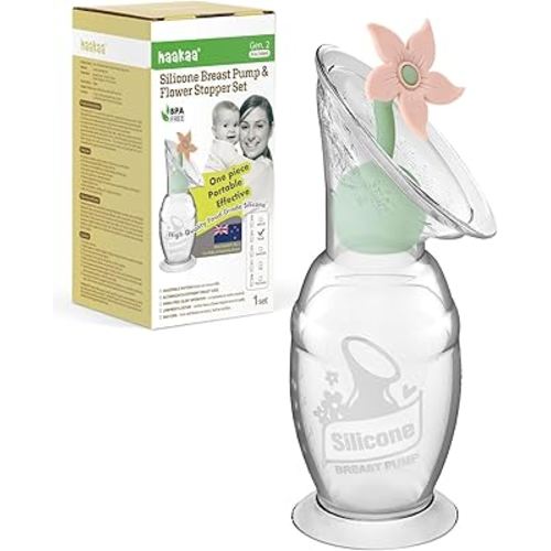 haakaa Manual Breast Pump with Flower Stopper Set, Gen.2 Silicone Hand Pump with Suction Base, BPA Free (4oz/100ml, Blush)