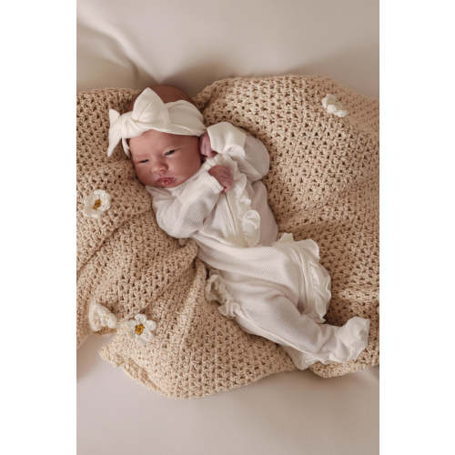 Cloud White Bamboo Waffle Zipper Ruffle One-Piece Footie | Caden Lane
