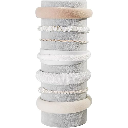 Headband Holder Organizer, Soft Velvet Tower Hairband Stand Display, Vertical Hair Hoop Accessories Jewelry Storage for Women Girls (Gray Beige Velvet)