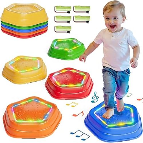 Calo 5Pcs Rechargeable Stepping Stones for Kids Toddler 3-5 with Light&Music,Balance Sensory Stepping Stones Indoor Outdoor Play,5 Long-lasting Batteries, Instant Response,Upgraded PVC, Support 200LBS