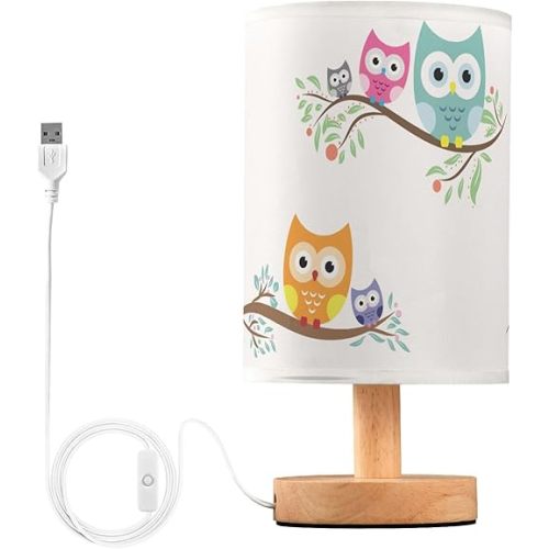 Table Lamp Cute Cartoon Owl with Baby Child on Tree Branch Nightstand Lamp with Wood Base Fabric Lamp Shade Bedside Desk Lamp for Living Room Bedroom Kids Room Office