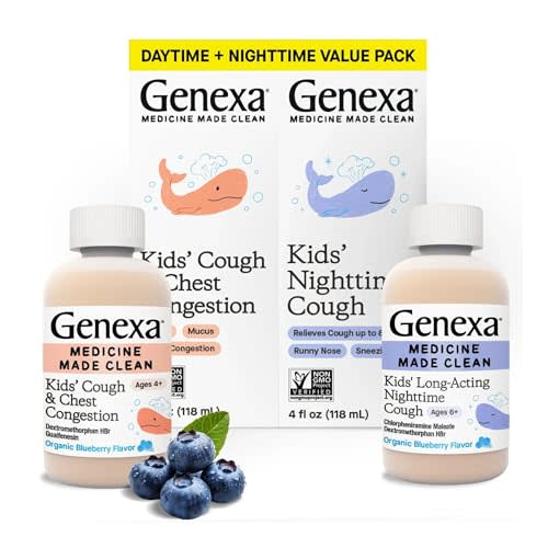 Genexa Kids' Clean Day & Night Cough Medicine, Dye Free, 0% Artificial Additives, Children's Cough, Chest Congestion, Runny Nose & Sneezing Relief, Ages 6+, Organic Blueberry Flavor, 8 fl oz (2 Pack)