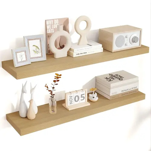 Floating Shelves for Wall, 36"W x 8"D x 1.5"H, 2 Pack of Long Wall Mounted Engineered Wood Shelves with Invisible Brackets for Living Room, Bedroom, Bathroom, Kitchen Decor and Storage, Oak