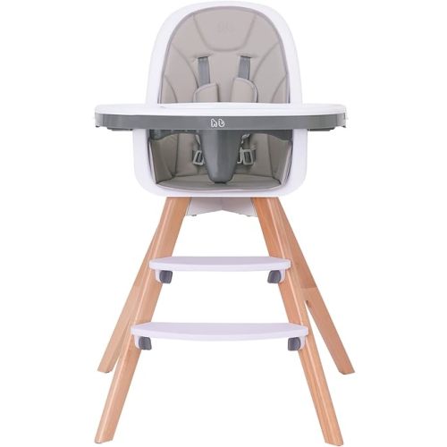 3-in-1 Baby High Chair, Wooden High Chair/Convertible High Chair/Booster Seat with Double Removable Tray, 5-Point Harness, PU Cushion and Footrest, High Chairs for Babies and Toddlers, Light Gray