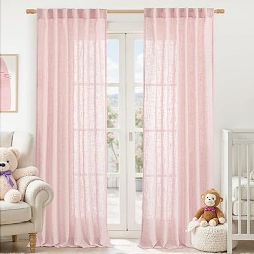 LAMIT Linen Curtains for Living Room 84 inch Length 2 Panels, Light Filtering Semi Sheer Drapes Back Tab and Rod Pocket Farmhouse Panels for Kids Bedroom/Girls Room, Pink, 52 x 84 Inch