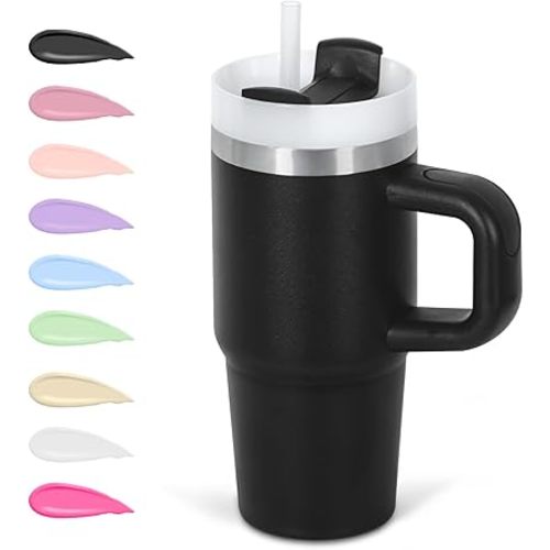 Cosictic 14 Oz Tumbler with Handle and Straw for Kids, Stainless Steel Double Wall Vacuum Insulated Cup for Children, 14 Oz Cups for Kids (Black)