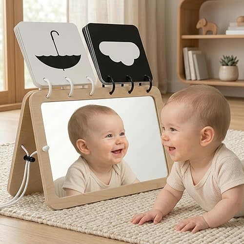 2-in-1 Tummy Time Mirror, 0-180°Adjustable Angle Montessori Baby Toy, Double-Sided Design with High Contrast Black & White Cards, Shatterproof Baby Mirror for 0-18 Months Newborns Infants