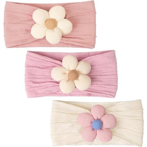 CÉLLOT 3 Pcs Baby Girl Headbands with Flower Nylon Headbands Soft Stretchy Headwear Hair Accessories for Newborn Infant Toddler Kids (Pink Beige Salmon)